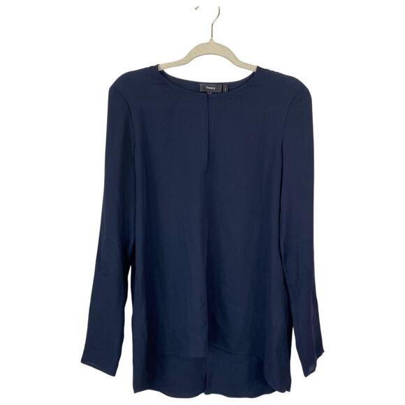 THEORY Slit Front Classic Tunic Georgette Navy Blue Size Small Silk Office Work - Picture 2 of 8